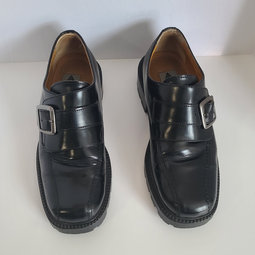 SOLD!! ALDO Chunky Heel Vintage Mens Black Patent Leather Slip-On Shoes Size 44 - Picture 1 of 14